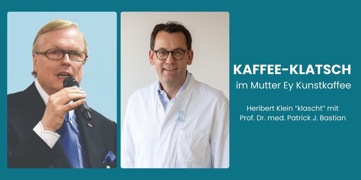 heribert Klein und Prof. Dr. med. J. Bastian im Profil von vvorne zu sehen auf einem blauen Hintergrund